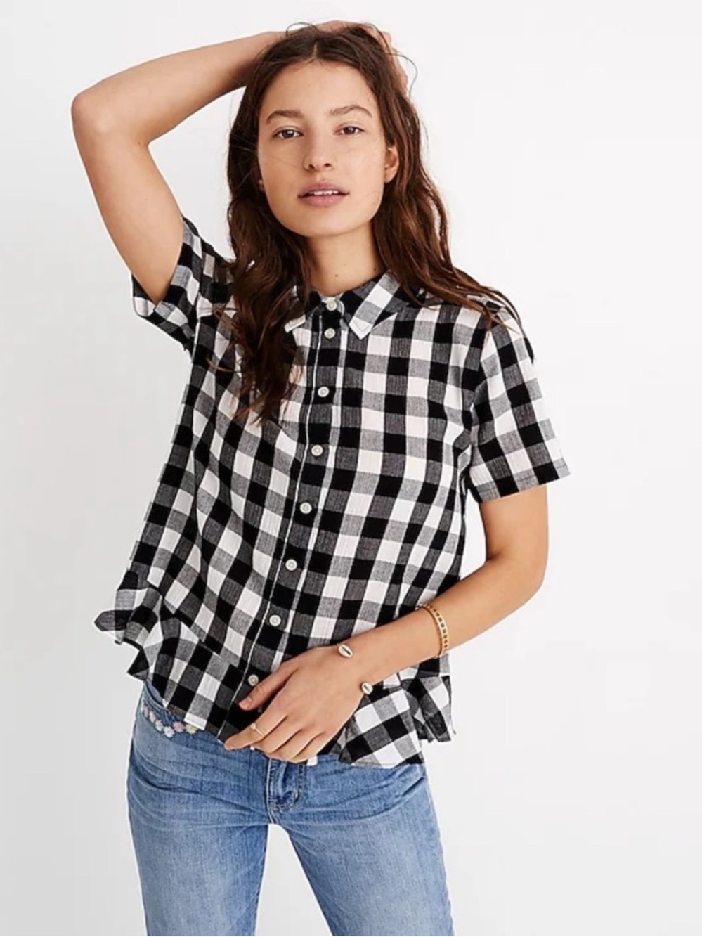 Madewell Peplum Button-Down Short Sleeve Gingham Top